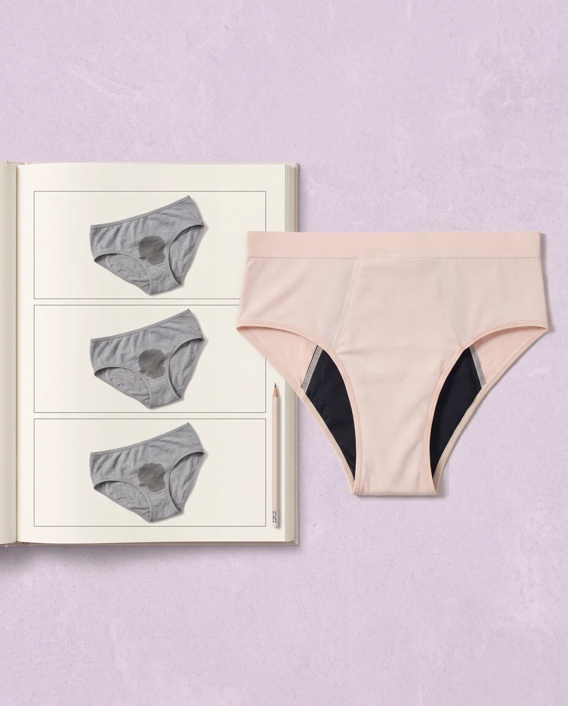 A planner with three gray pairs of underwear, beside one sand-colored pair of absorbent underwear