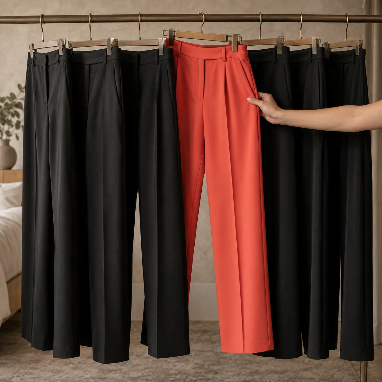 A clothes rail of black trousers