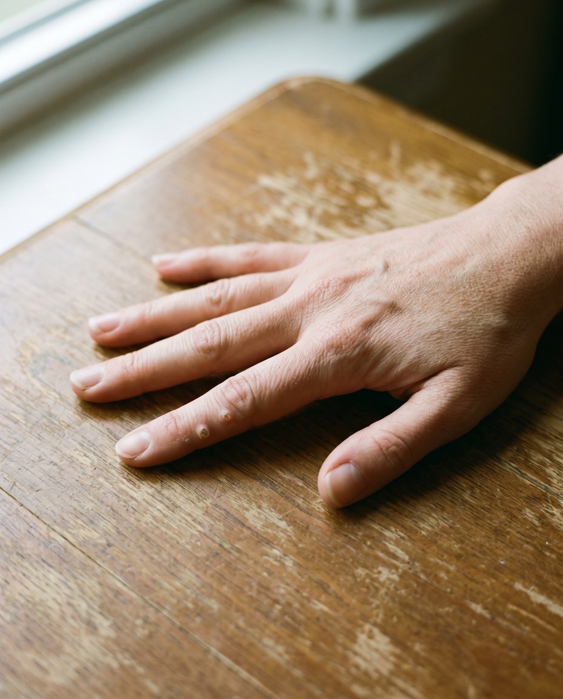 The back of a hand on a table with small rough bumps on one finger