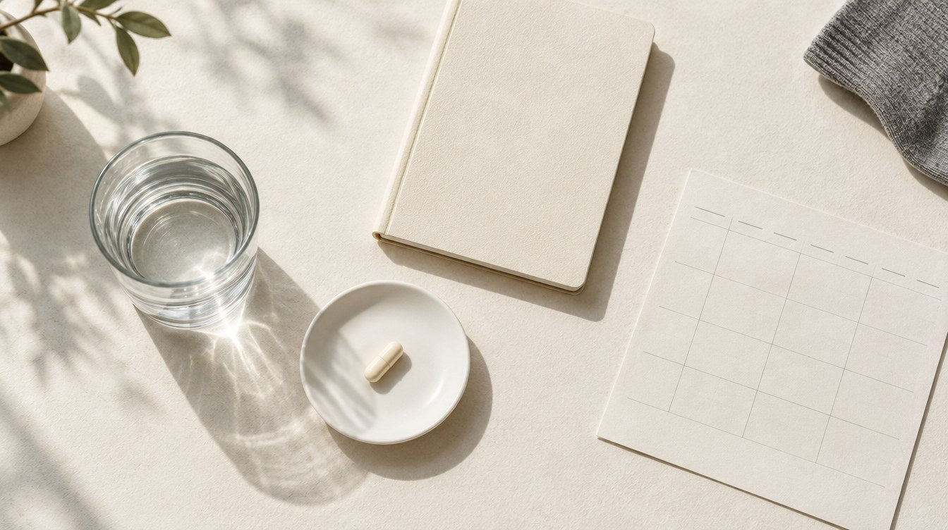 A glass of water and one capsule beside a notebook and calendar.