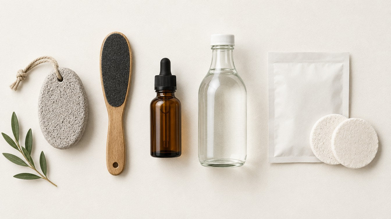 A pumice stone, foot file, two unbranded bottles, and round discs.