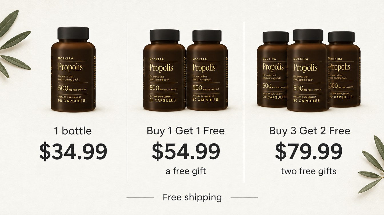 Moskira bottle options at $34.99, $54.99 and $79.99, with Buy 1 Get 1 Free and Buy 3 Get 2 Free offer labels.