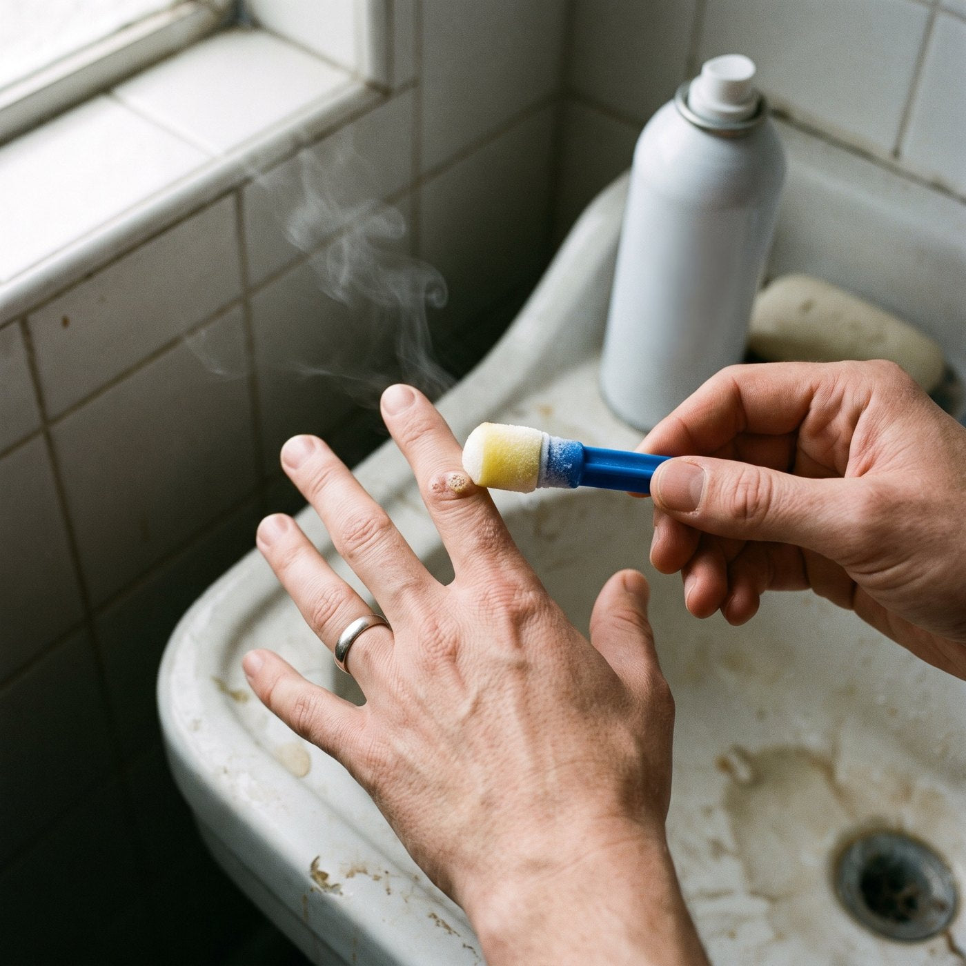 A frosted freeze applicator pressed onto a wart on a finger over a bathroom sink