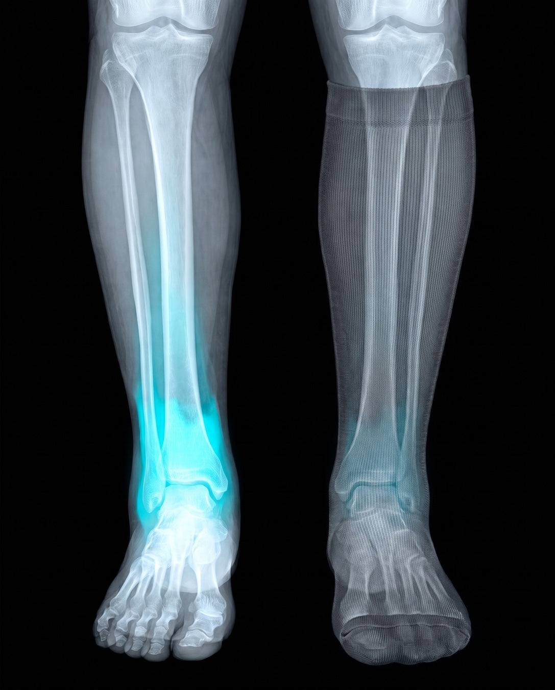 An X-ray illustration of two lower legs: the bare one with water glowing at the ankle, the one in a sock clear