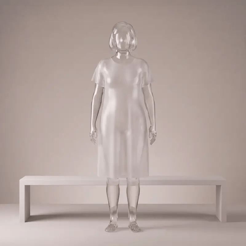 A glass figure of a woman in a nightdress: water fills her lower legs while she stands, then runs up into her bladder when she lies down