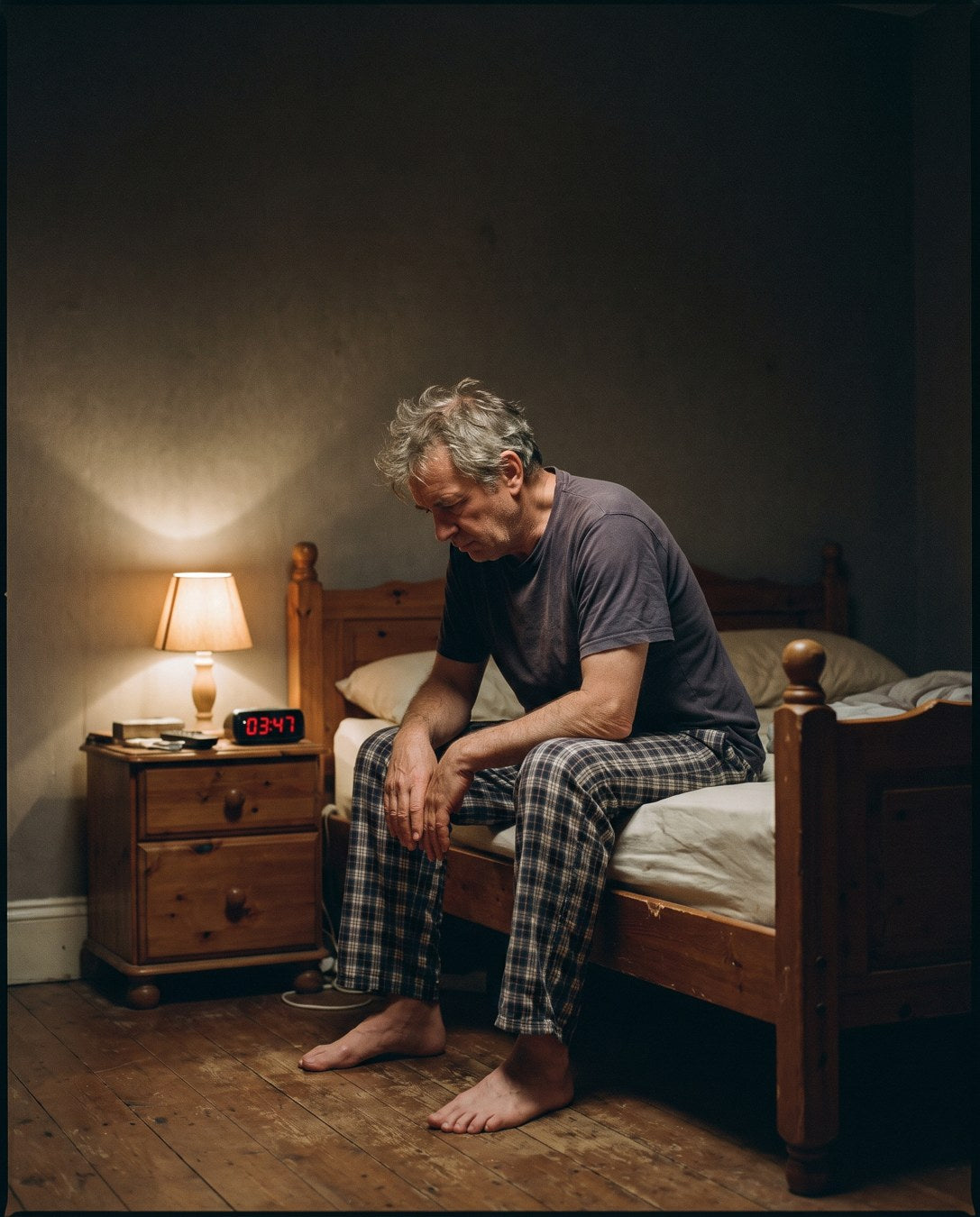 A man in his sixties sitting on the edge of his bed at night, about to get up again