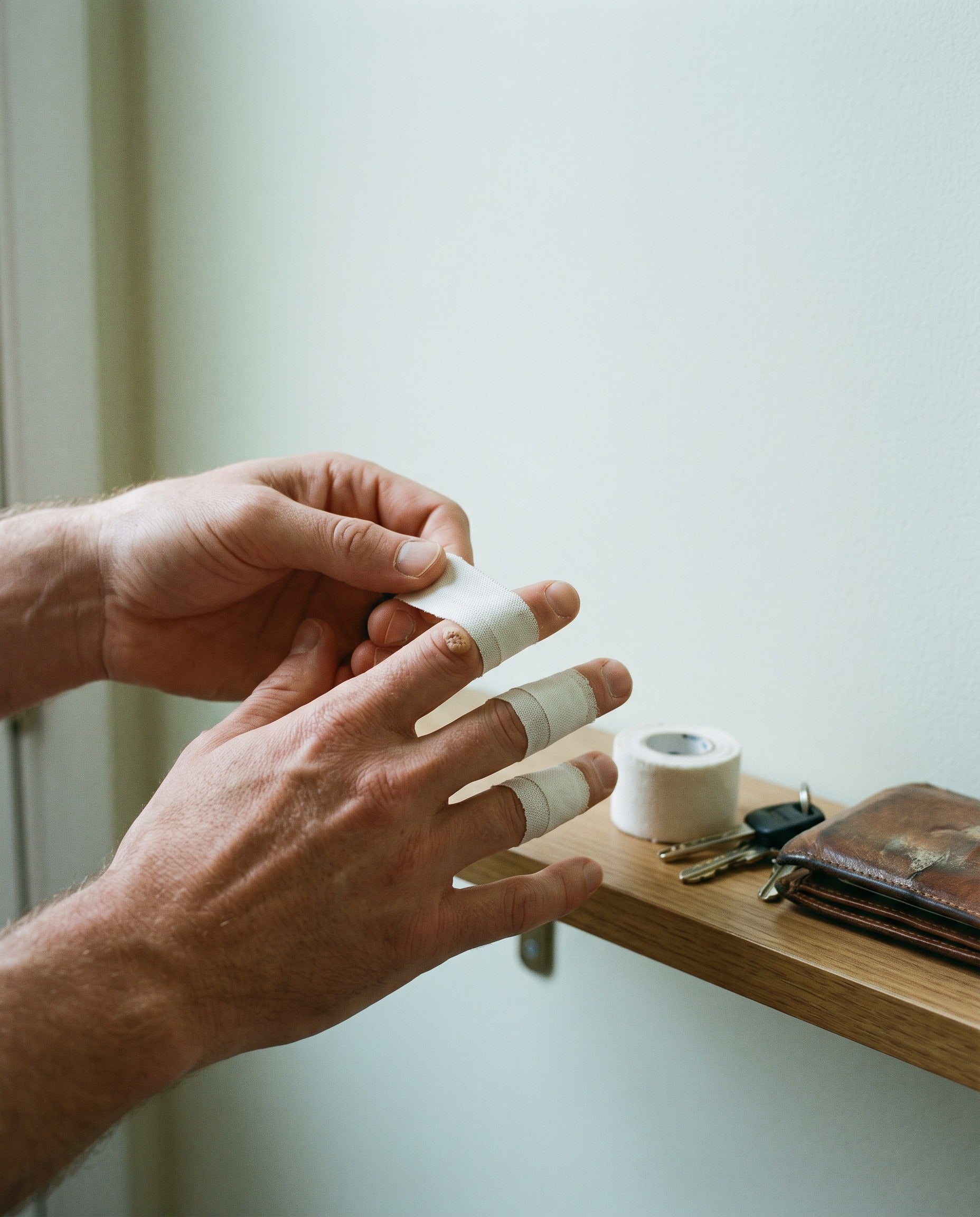 An adult wrapping white tape around a finger beside keys and a wallet.