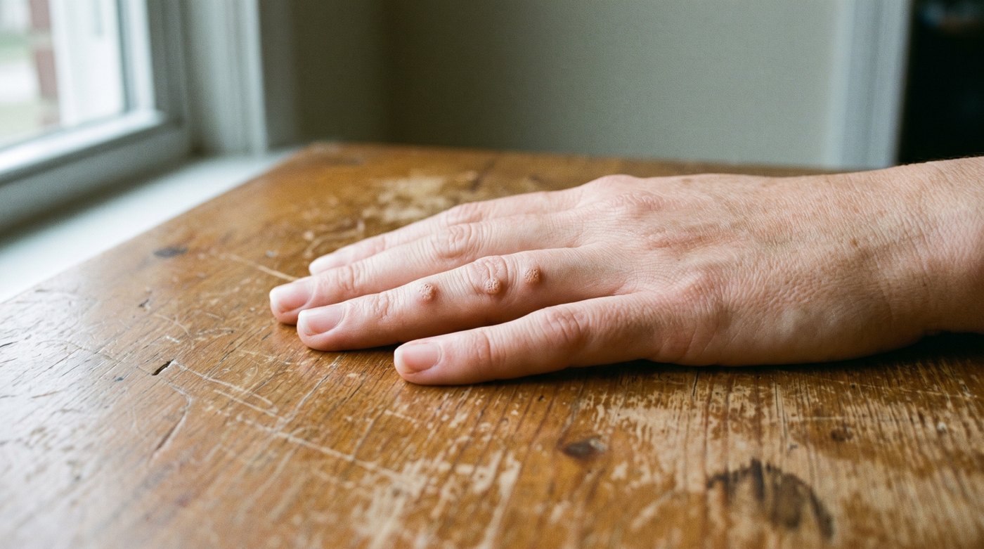 A hand resting on a wooden table, with small raised spots on adjacent fingers.