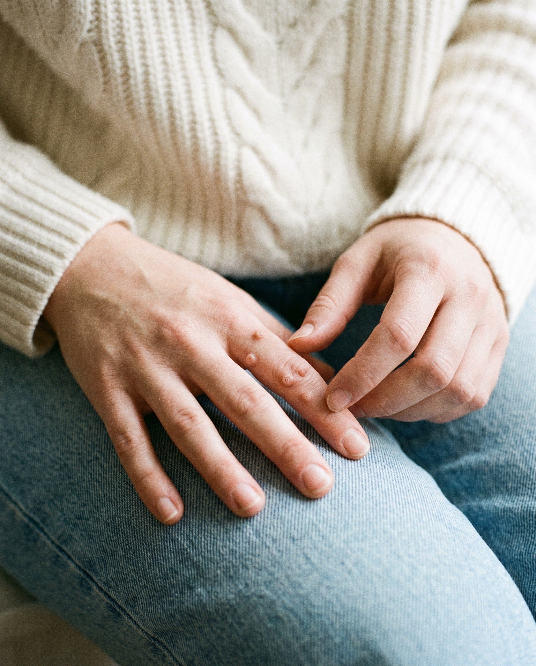 An adult looking at small raised spots on their fingers.