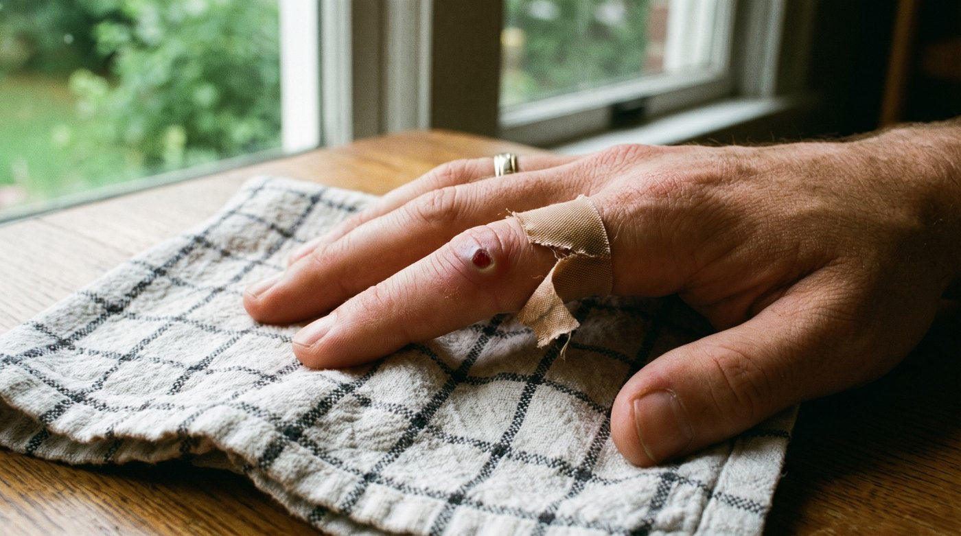 A hand resting on a kitchen towel, one finger with a blood blister from a freeze and a loose bandage