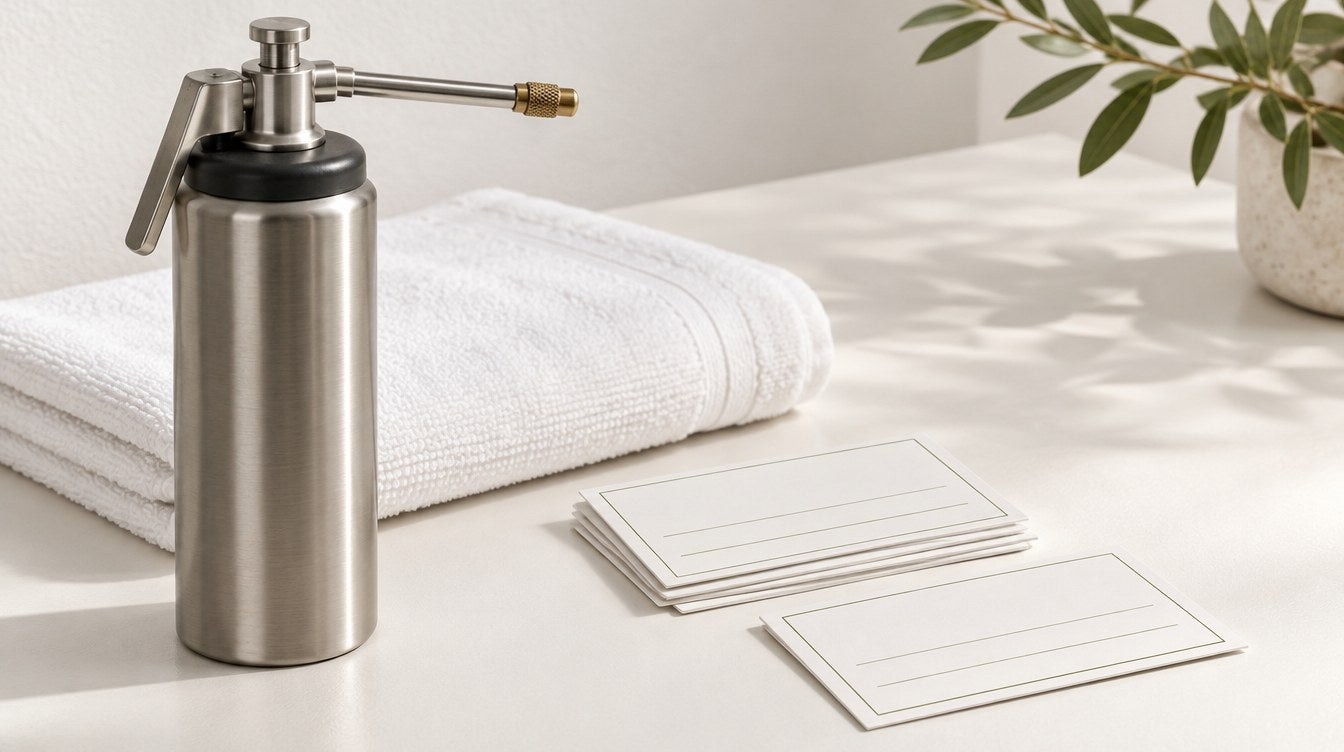 Cryotherapy spray canister, folded towel, and appointment cards.