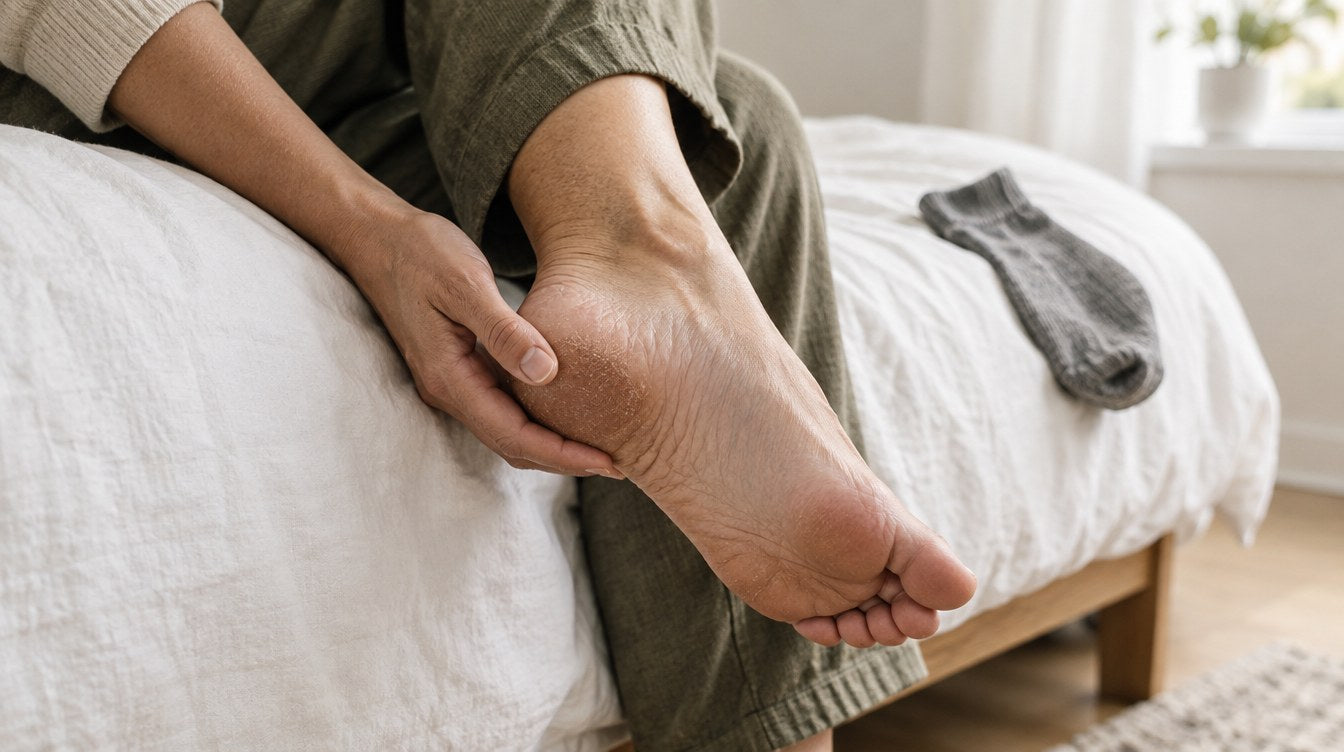 An anonymous adult looking at their heel in morning light.