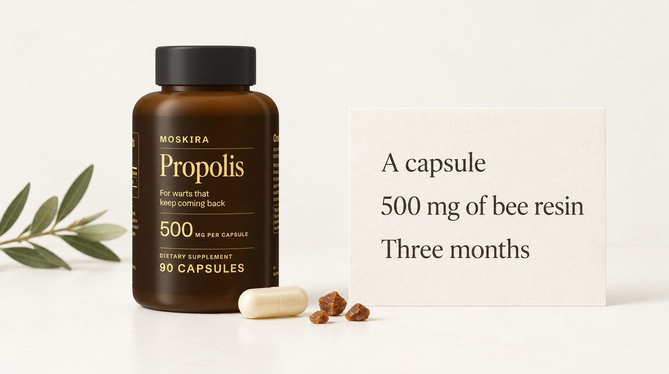 Moskira Propolis bottle beside a note: a capsule, 500 mg of bee resin, three months.