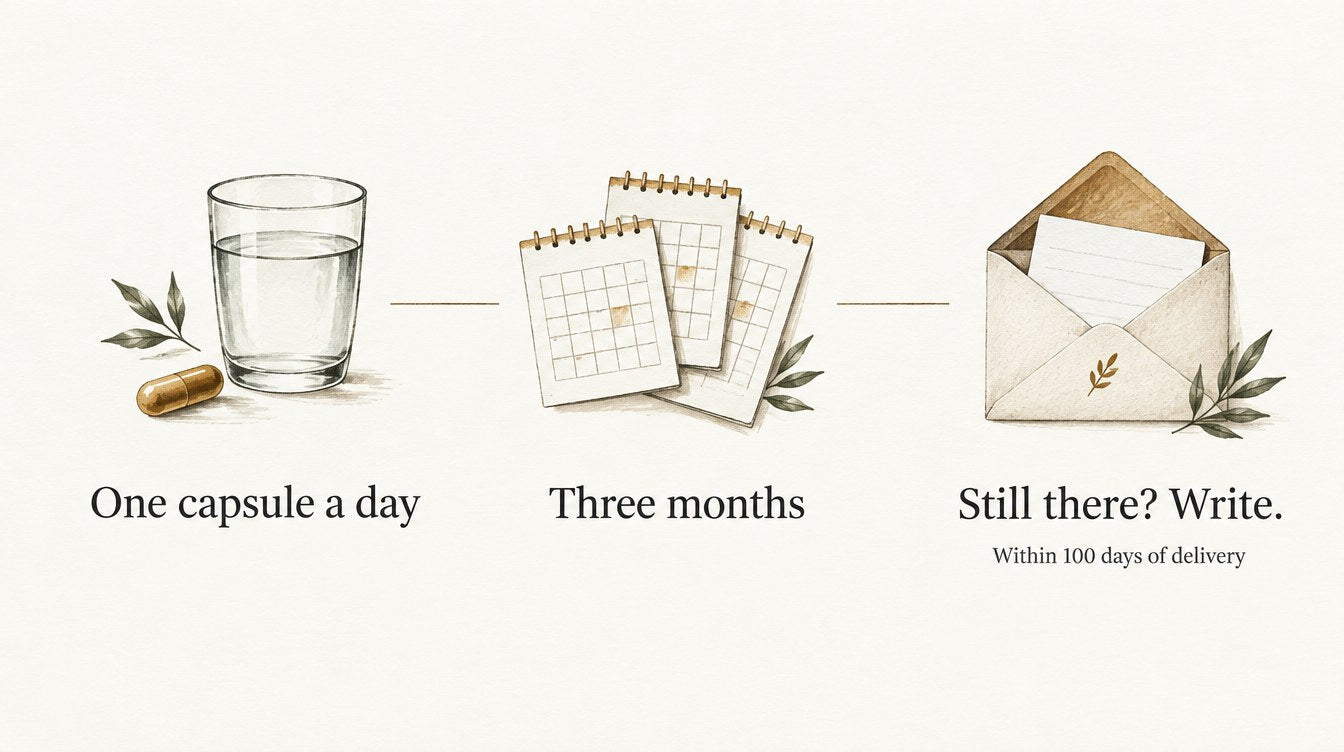 One capsule a day, three months, then write within 100 days of delivery if it is still there.