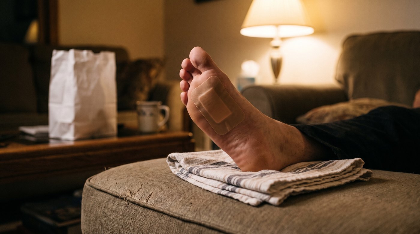A foot with a blister bandage resting on a towel
