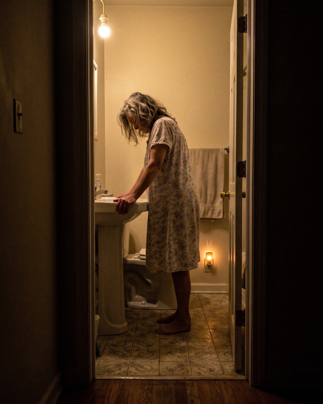 A woman in her sixties at the bathroom sink at night, seen from the dark hallway, her head down