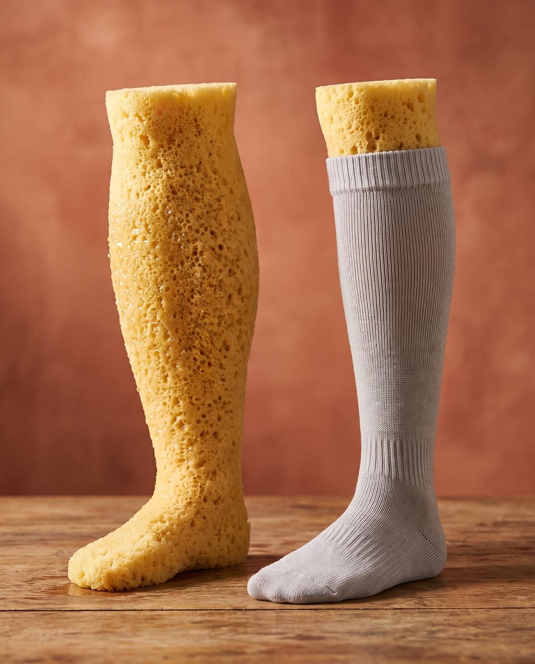 Two sponges cut like lower legs: the bare one swollen with water, the one in a compression sock slim