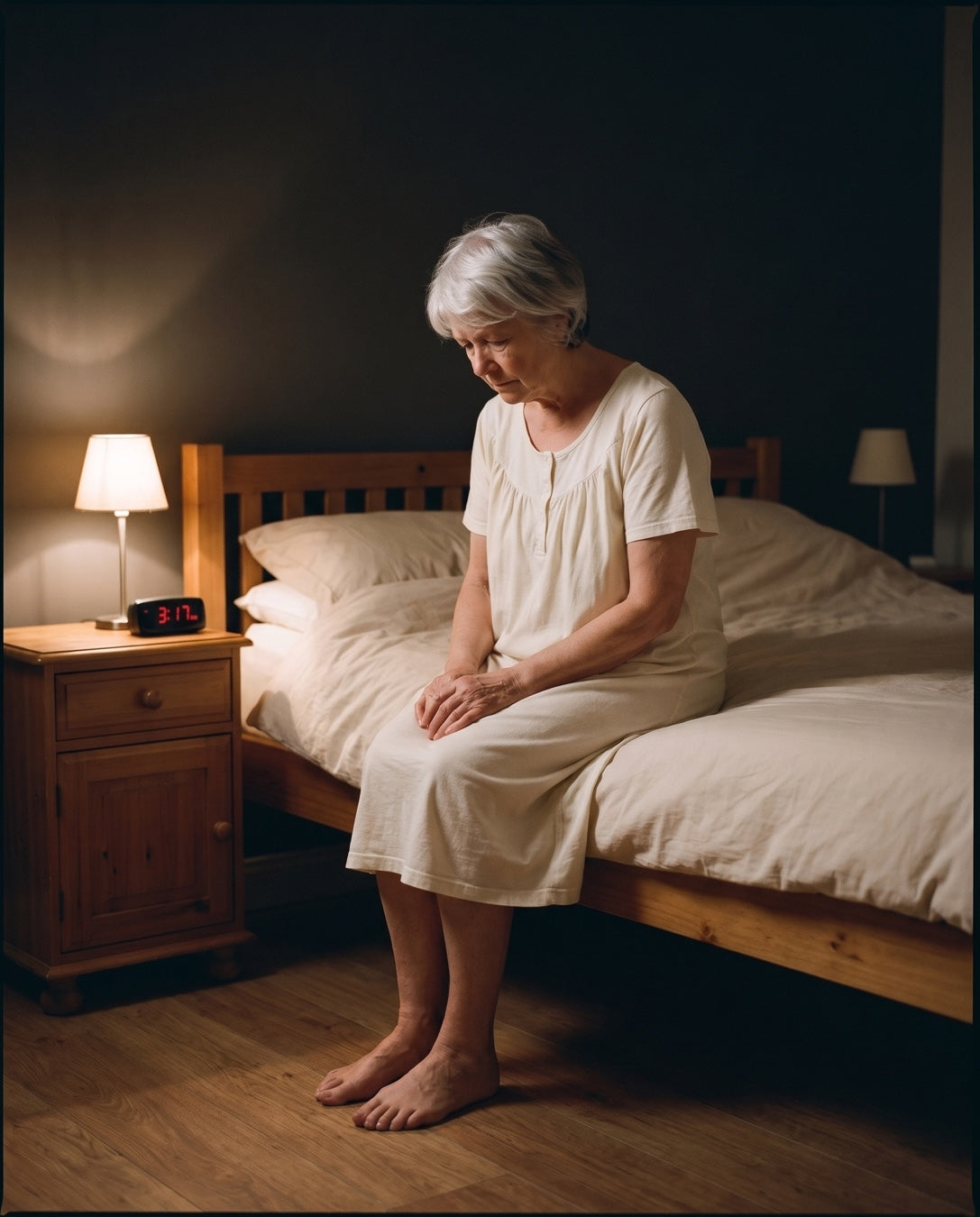 A woman in her sixties sitting on the edge of her bed in the dark, the lamp on, a clock on the nightstand