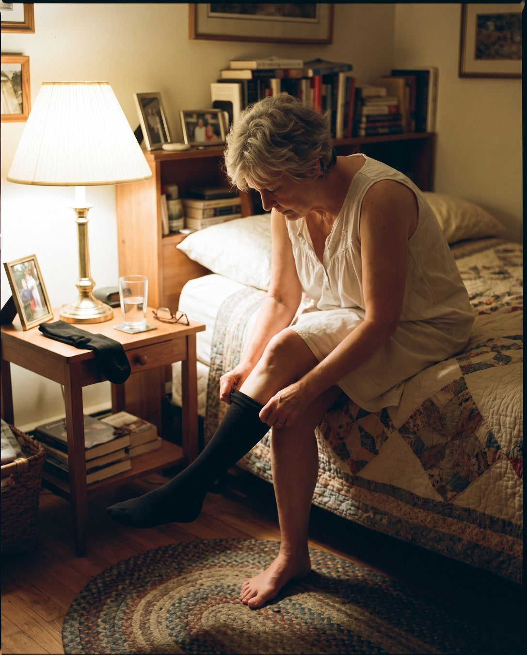 A woman in her sixties sitting on her bed in the evening, rolling a knee-high compression sock off her leg