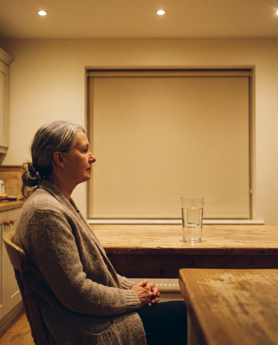 A woman in her sixties sitting alone at her kitchen table in the early morning, a glass of water in front of her