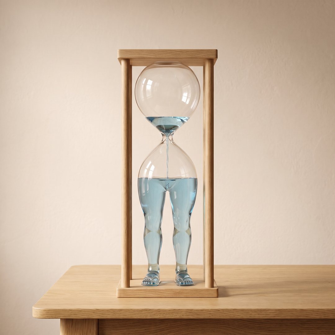 An hourglass of blue water whose bottom bulb is shaped like a pair of lower legs