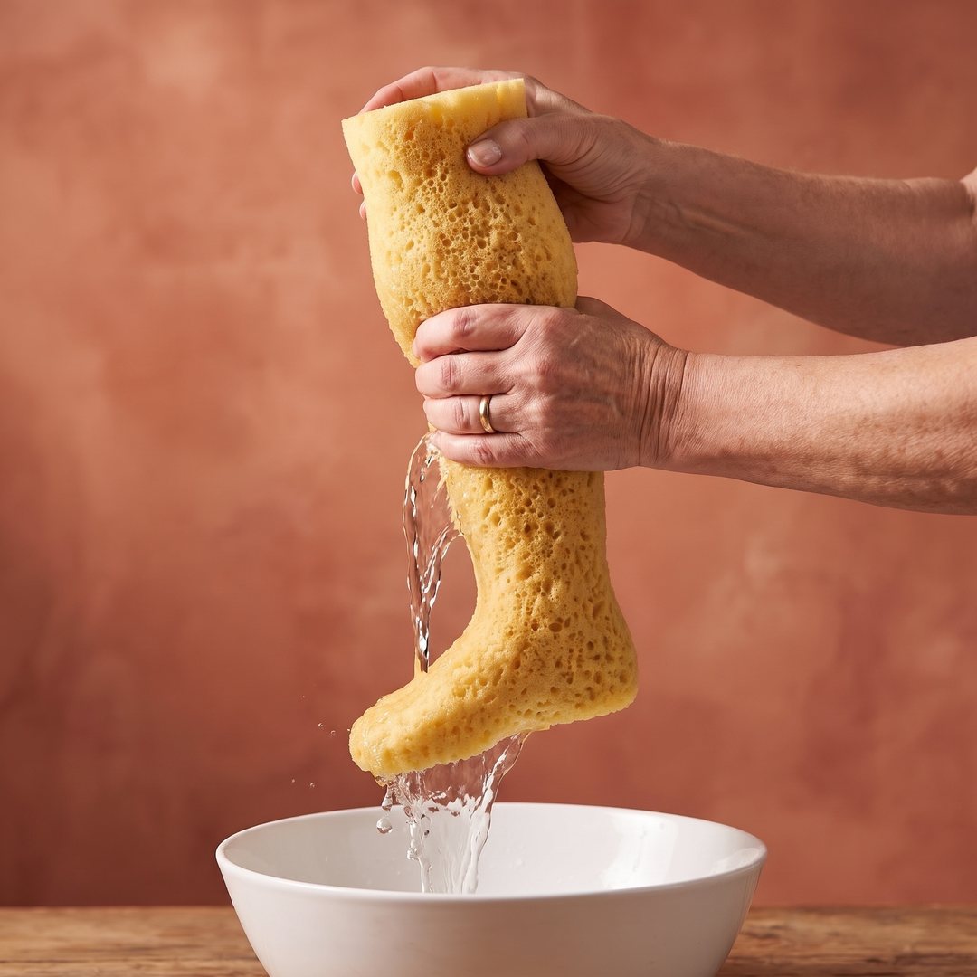 A woman's hands wringing water out of a leg-shaped sponge into a bowl